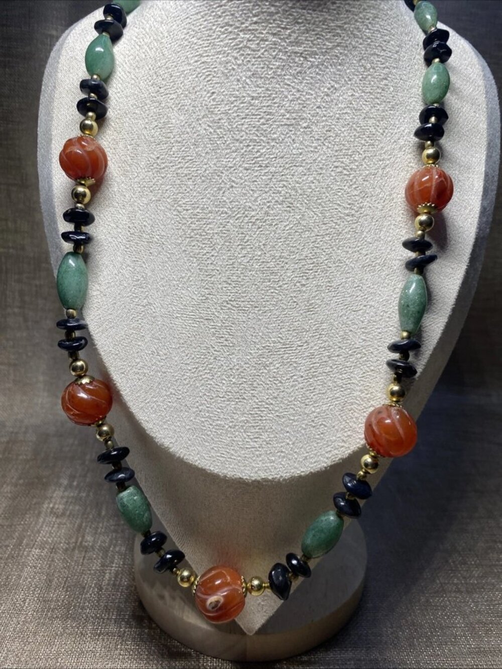 Vintage Carnelian Aventurine Onyx Stone Necklace Long 25” Statement